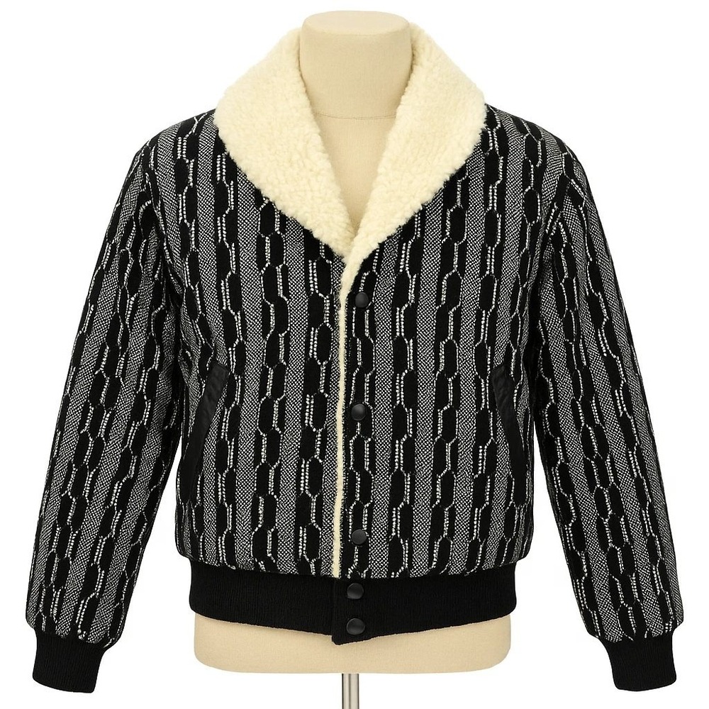 70s Vintage Shearling Lined Knit Bomber Jacket Mens M Black White Shawl Collar